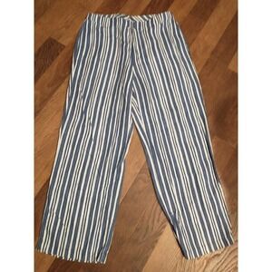 SIGRID OLSEN Capri Crop Lantern Pants Size 4 Blue Stripe Linen Pockets Lagenlook